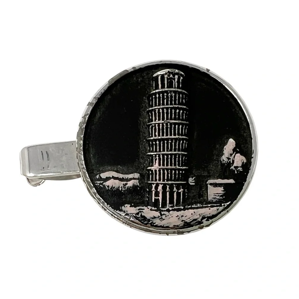 Vintage Hickok Silver Tone Leaning Tower of Pisa Cufflinks Tie Clip